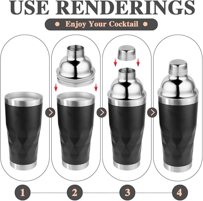 20 oz Cocktail Shaker, Martini Shaker Drink Mixer with Built-In Strainer, Stainless Steel Shakers Double-layer insulation