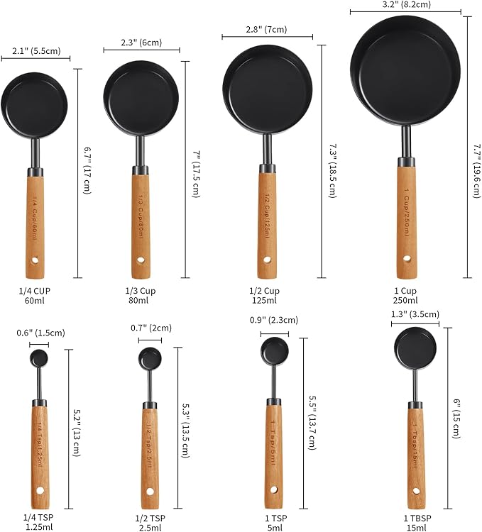 GuDoQi 8pcs Measuring Cups and Spoons Set Wood Handle Golden Stainless Steel Measuring Cups and Spoons，Measurements, US Measurements Dry & Liquid Kitchen Measure Set for Cooking and Baking, Black