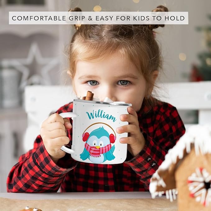 Andaz Press Personalized Name 11oz. Kids Christmas Hot Chocolate Stainless Steel Campfire Coffee Mug, Festive Blue Owl, 1-Pack, Custom Birthday Xmas Cup Hot Chocolate Mugs For Kids Christmas Mugs