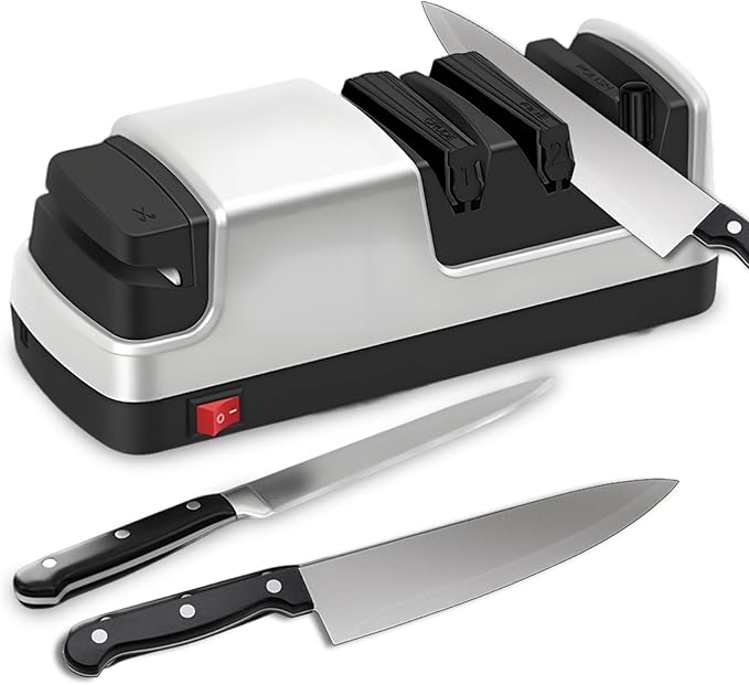 Professional Electric Knife Sharpener – Precision Sharpening for Kitchen Knives, Scissors & More – Diamond Abrasives & 3-Stage System - Silver