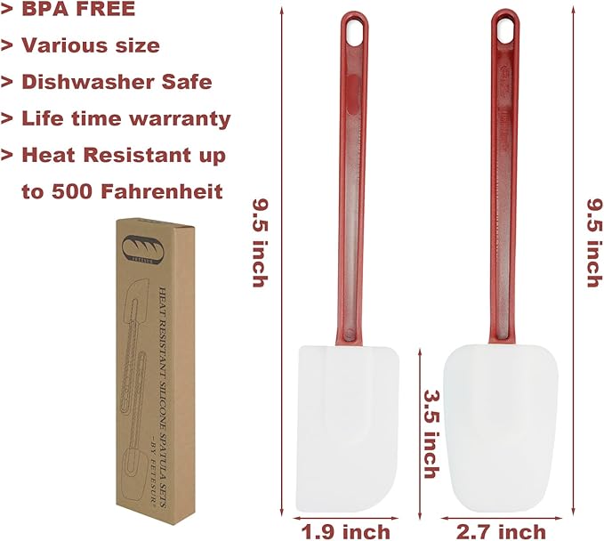 High Heat Resistant Silicone Scraper Spoon Commercial Spatula for Cooking, Rubber Spatula Set of 2 (9.5'')