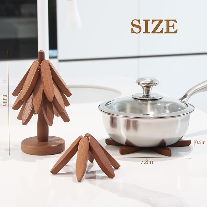 Wooden Trivets for Hot Dishes, Artisanal Wooden Coasters Trivet, Wooden Tree Trivet Set, Set of 3 Natural Tree Trivets+1 Stand