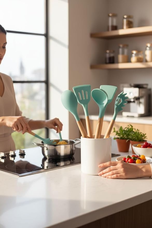 Silicone Cooking Spoons, 6-Piece Nonstick Utensil Set with Acacia Wood Handles - Heat-Resistant for Frying, Serving & Turning Spatula