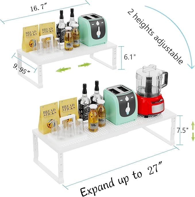 Expandable Cabinet Shelf Organizer Storage Spice Rack Shelves for Kitchen Stackable Adjustable Pantry Cupboard Bathroom Countertop Desktop(1Pack/White/Large-with Hole)