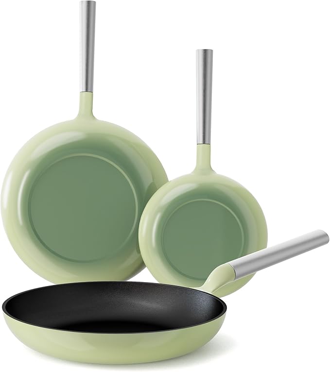 KOKHUB Non Toxic Frying Pan Set 3 Piece, 8" 9.5" 11" Non Stick Titanium Enamel Cast Iron Skillets, PFOA/PFAS Free Cooking Pans, Dishwasher & Oven Safe, All Cooktops Compatible, Sage Green