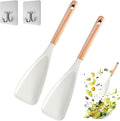 Cedar and Ash Spoon, Multifunction Spatula Cooking Spoon, Heat-Resistant Silicone, Wooden Handle, Safe for Nonstick Cookware, Ergonomic Grip, Ideal for Stirring, Mixing, Serving (2pcs White)