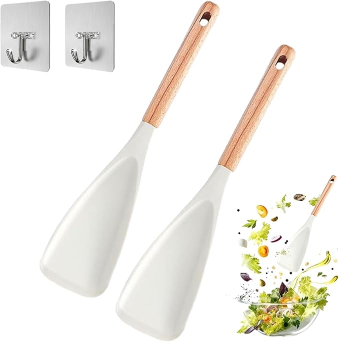 Cedar and Ash Spoon, Multifunction Spatula Cooking Spoon, Heat-Resistant Silicone, Wooden Handle, Safe for Nonstick Cookware, Ergonomic Grip, Ideal for Stirring, Mixing, Serving (2pcs White)