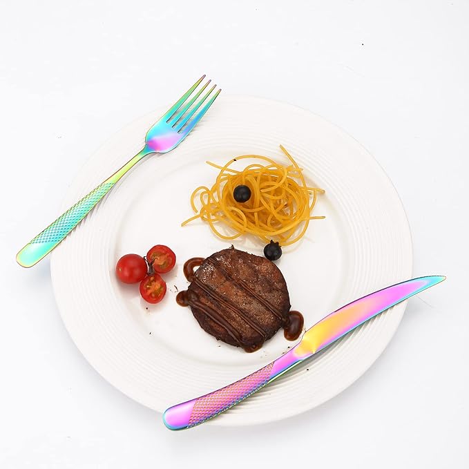 Hammered Silverware Rainbow Stainless Steel Flatware Set for 4 include Forks Spoons and Knives Modern Eating Utensils for Kitchen Restaurant Parties Everyday Uses