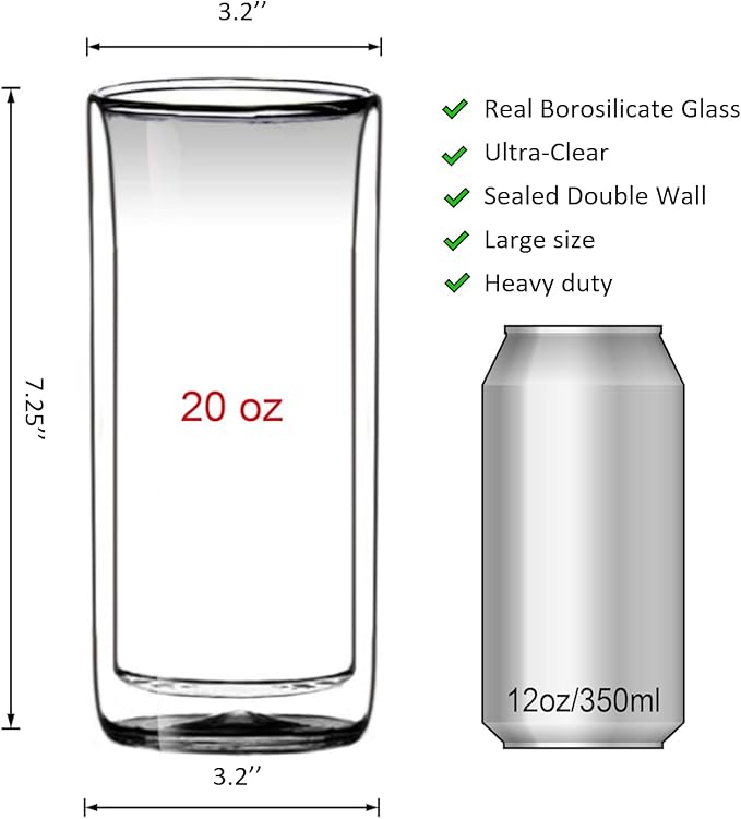 Sun's Tea (Set of 2) 20oz (600ml) Ultra Clear Strong Double Wall Insulated Thermo Glass Tumbler V3 Highball Glass for Beer/cocktail/lemonade/iced Tea/Smoothie (Real Borosilicate Glass, Not Plastic)