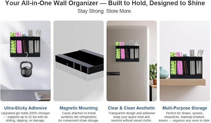 Upgraded Acrylic Straw Holder for Cabinet Door, Fridge & Countertop–Magnetic/Adhesive Dual Mount, Strong Hold, Space-Saving Straw Organizer with Adhesive Tape, Magnetic Sheet