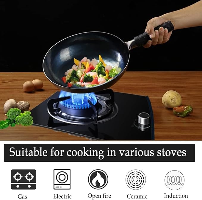 13 Inch Chinese Hand Hammered Iron Wok and Stir Fry Pans with Lid Round Bottom Wok Pan Non-stick No Coating Ideal for Home Use and Gift Giving