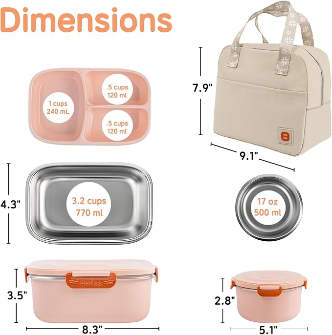 Insulated Bento Box with Thermo, 18/8 Stainless Steel Lunch Box, Bento Box for Adults and Kids with PP5 Containers, Food Containers with Bag for Office or School, Pink