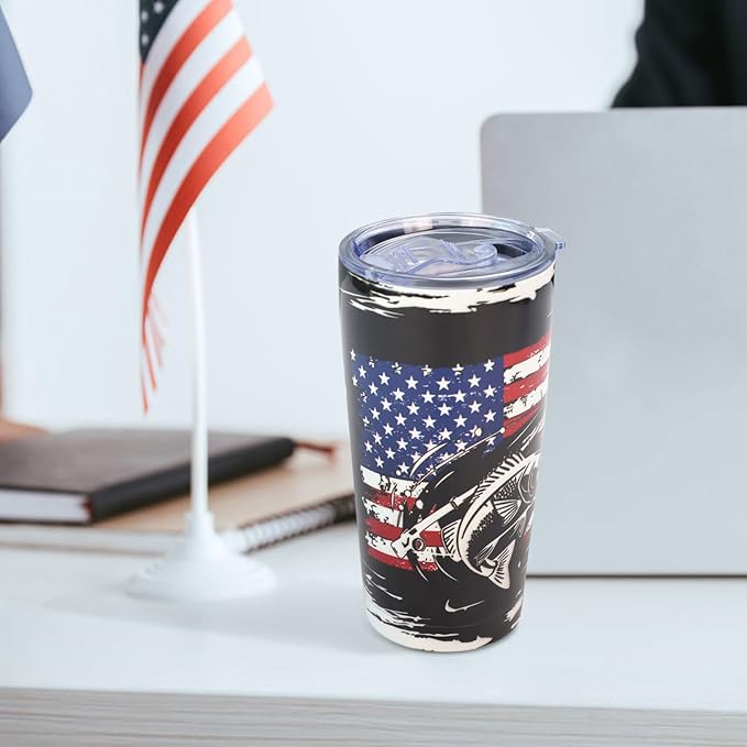 20oz Fishing Tumbler - Stainless Steel Vacuum Insulated | Fishing & American Flag Design, Leak-Proof Travel Mug for Hot/Cold Drinks, Patriotic Gift for Anglers, Fisherman & Outdoor Fans