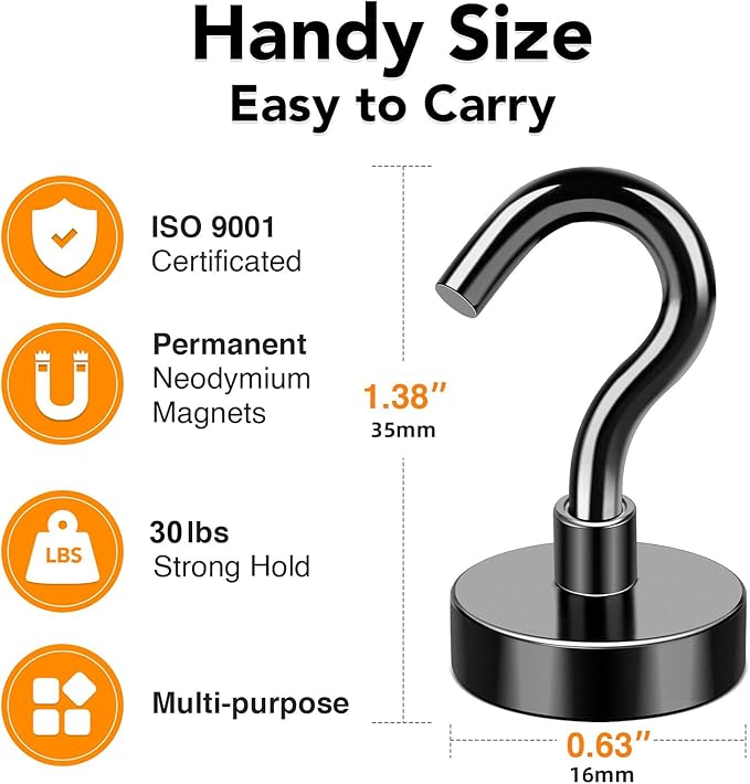MIKEDE Magnetic Hooks, 30Lbs+ Black Heavy Duty Earth Magnets with Hook for Refrigerator, Strong Neodymium Magnetic Cruise Hooks for Hanging, Curtain, Grill and Kitchen - Pack of 4