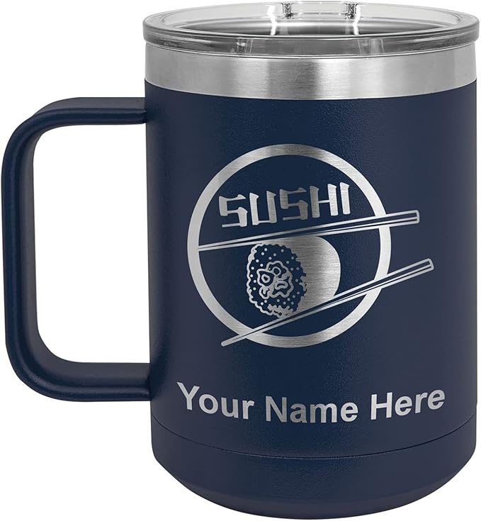 LaserGram 15oz Vacuum Insulated Coffee Mug, Sushi, Personalized Engraving Included (Navy Blue)