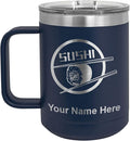 LaserGram 15oz Vacuum Insulated Coffee Mug, Sushi, Personalized Engraving Included (Navy Blue)