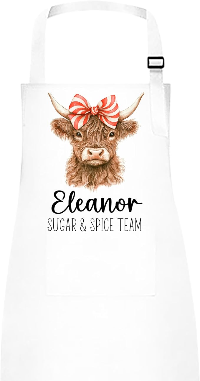 Mommy and Me Highland Cow with Peppermint Swirl Bow Apron Set – Matching Christmas Baking Aprons, Cow Kitchen Gift