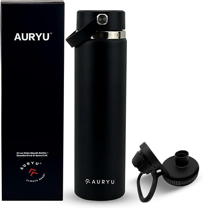 Black 24oz Triple-Walled Stainless Steel Water Bottle – Leak Proof, BPA-Free Thermos with Bonus Spout Lid – Wide Mouth Flask for Travel, Hiking, Gym, Hot & Cold Use