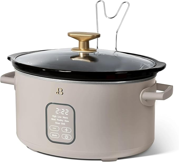 Beautiful 6 Qt Programmable Slow Cooker by Drew Barrymore - 5 Preset Cooking Functions, Digital Countdown Timer, Dishwasher-Safe Parts, and Cool-Touch Handles (Porcini Taupe)