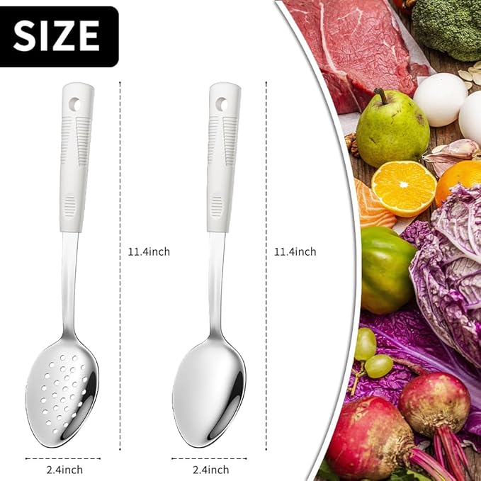 Stainless Steel Serving Spoons Set with Non-Slip Silicone Handles, 2-Piece Serving Spoon and Perforated Spoon, Home Kitchen, Parties & Daily Use – Beige