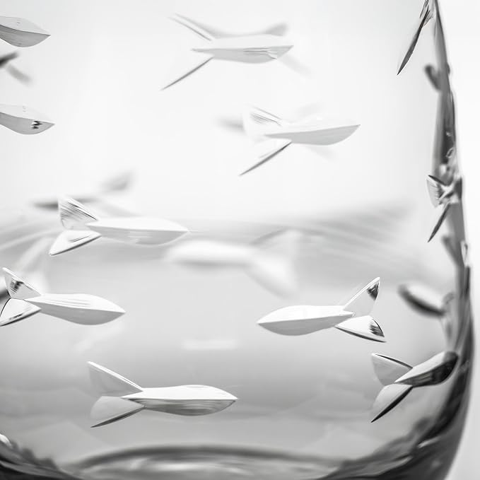 Rolf Glass School of Fish Clear Stemless Wine Glass | Set of 4 Stemless Glasses | 15oz Glass Tumblers | Engraved Lead-Free Coastal Glassware | Made in the USA