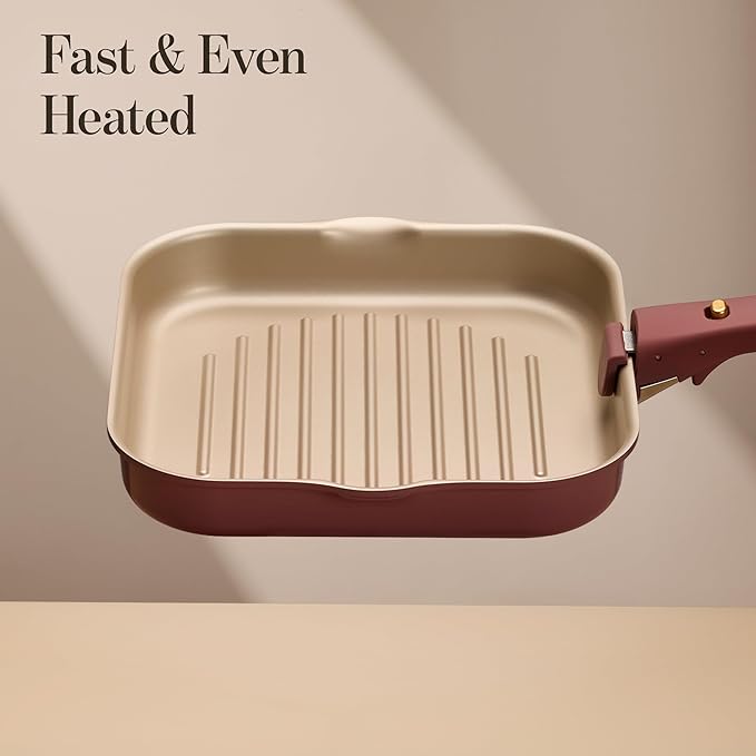 CAROTE 10 Inch Titanium Reinforced Nonstick Grill Pans for Steak, Non-Stick Grill Pans Sets with Detachable Handle, PFOS, PFOA Free, Gas & Induction Safe, All Stovetops Compatible, Burgundy