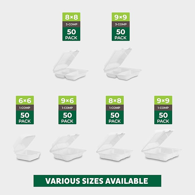 Freshware Clamshell Food Containers with Lids [8x8 100-Pack] Disposable To Go Containers, Biodegradable Sugarcane To Go Boxes - Paper Container - Microwave & Freezer Safe, Stackable