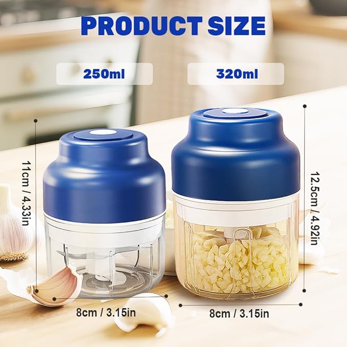 2026 Electric Garlic Chopper with USB Rechargeable Design, Portable Food Processor for Garlic, Onion, Chili, Nuts, Vegetables, One-Touch Mini Kitchen Helper (Blue, 320ml)