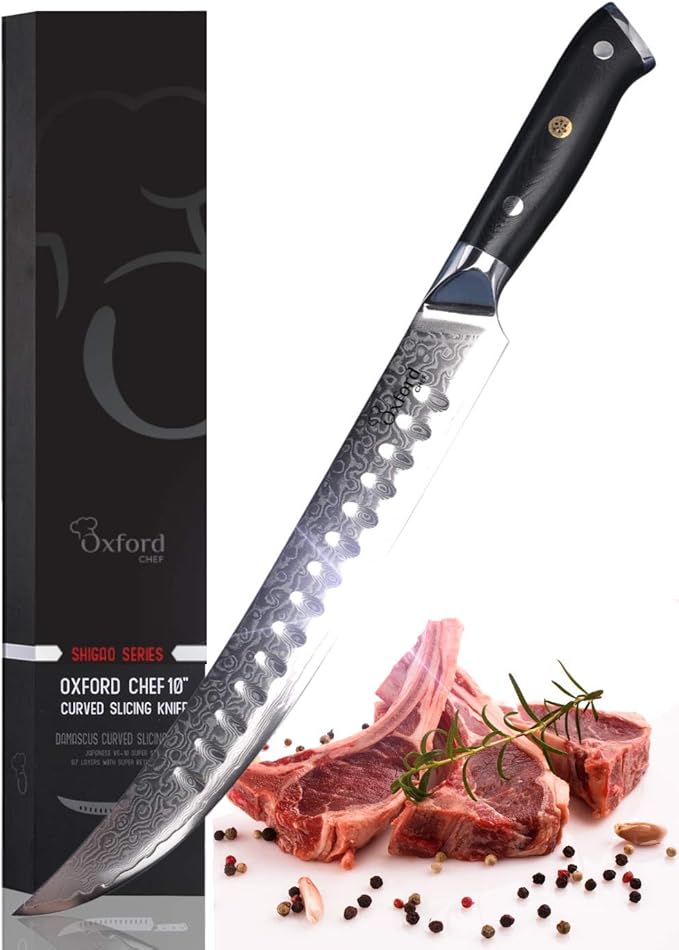 Oxford CHEF Curved Slicer (Butcher) Knife 10 Inch - Damascus Japanese VG10 Super Steel 67 Layer High Carbon Stainless Steel