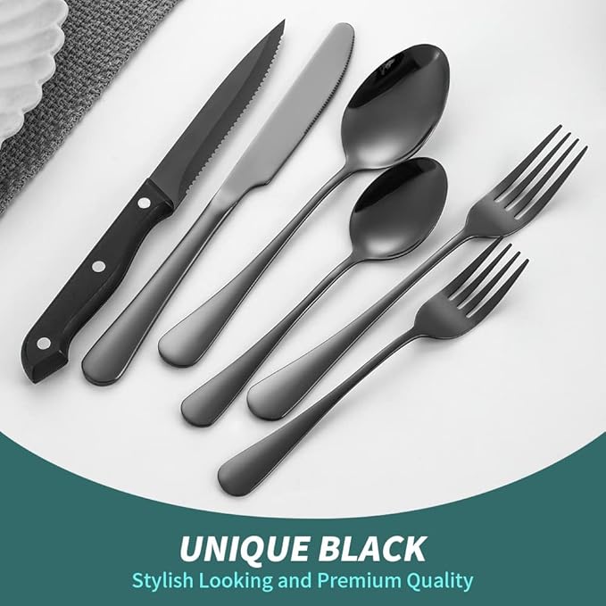 Black Cutlery Set for 4 Silverware Stainless Steel Flatware 24 Piece Fork Spoon Knives Perferct for Parties Restaurant Everyday Kitchen Utensils Mirror Polished