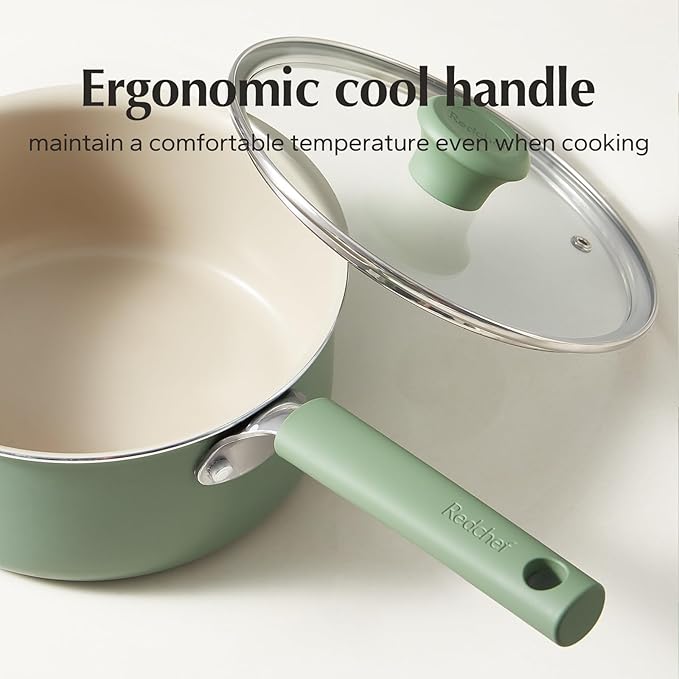 Redchef Ceramic Nonstick Saucepan with Lid, 3QT Small Cooking Pot,Non Toxic Sauce Pans for Kitchen, Cool Handle PFAS Free Compatible with All Cooktops, Green
