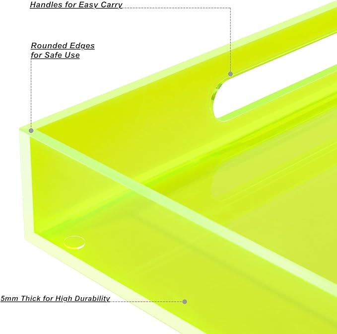 Large Acrylic Tray Ottoman Coffee Table Tray with Handles 17x13'' Decorative Serving Platter for Food Tea Dinner Snack Eating Bar Party, Neon Green