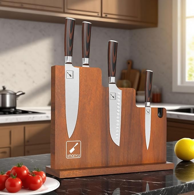 Magnetic Knife Block 13 x 10 Inches, imarku Magnetic Knife Holder Rack for Kitchen Counter, Double Sided Magnet Knife Storage Stand with Knife Sharpener, Brown