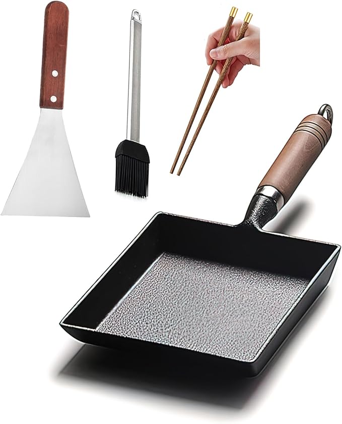 LI-GELISI Pre-Seasoned Cast Iron Tamagoyaki Pan - 9x7 Inch Japanese Rolled Omelet Pan, Non-Stick & Rust-Resistant, Ready to Use with Wood Handle, Works on All Stovetops, Camping & Kitchen