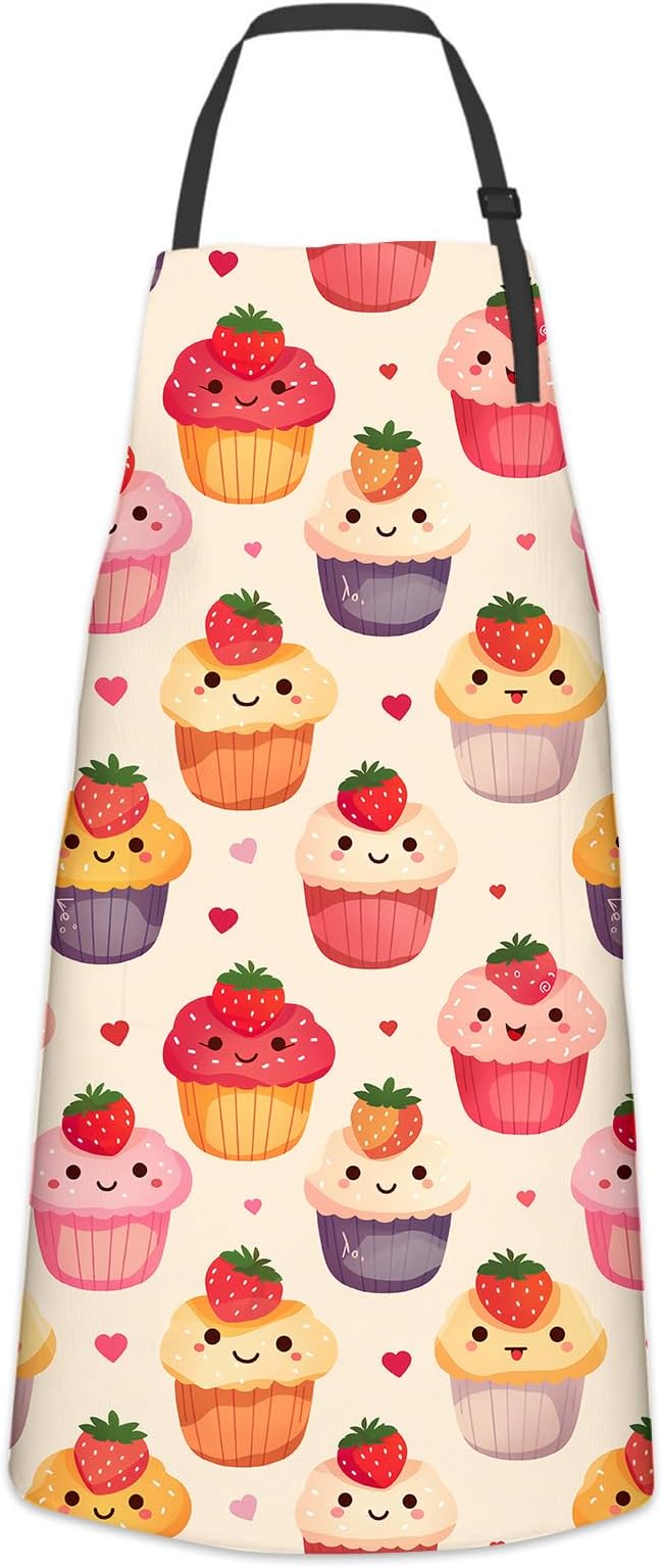 Smiling Cupcake Apron for Women, Cooking BBQ Chef Polyester Lightweight Cute Kawaii Cake and Heart Aprons with Pockets for Baking Kitchen Gardening Cleaning, Adjustable Neck Strap, 28×33inch