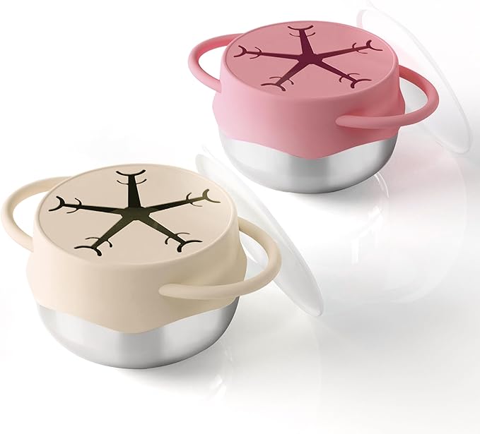 2 Pack 3-in-1 Stainless Steel Snack Containers for Toddlers with Spill-Proof Silicone Lids & Dual Handles - Baby Snack Box, Toddler Snack Cups, Perfect for Healthy Eating (Pink+Warm White)