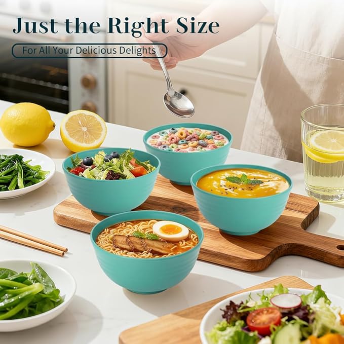 Kitchen Bowls 26 OZ, Unbreakable Cereal Bowls Set of 8, Microwave Safe Wheat Straw bowls for Camping, School, Dorm, Reusable Plastic Bowl for Cereal, Ramen, Salad, Rice, Snack - Green