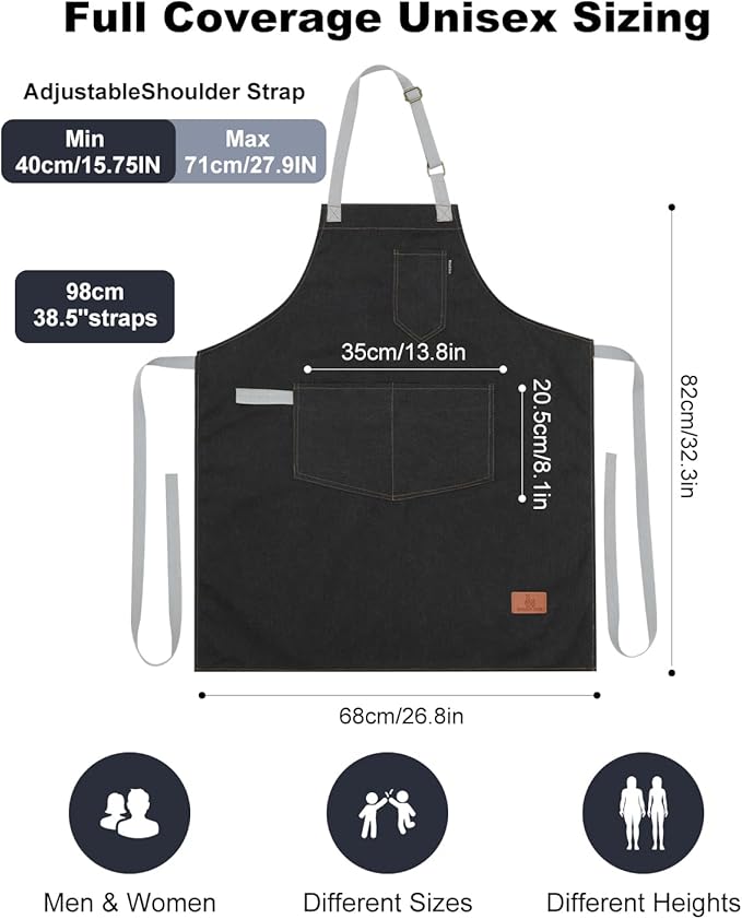 Womens Apron With Pockets Adjustable Shoulder Strap,Apron For Men 38.5" Extra-Long Straps Fit More Body Types,Chef Apron For Kitchen Garden Barbecue Woodworking