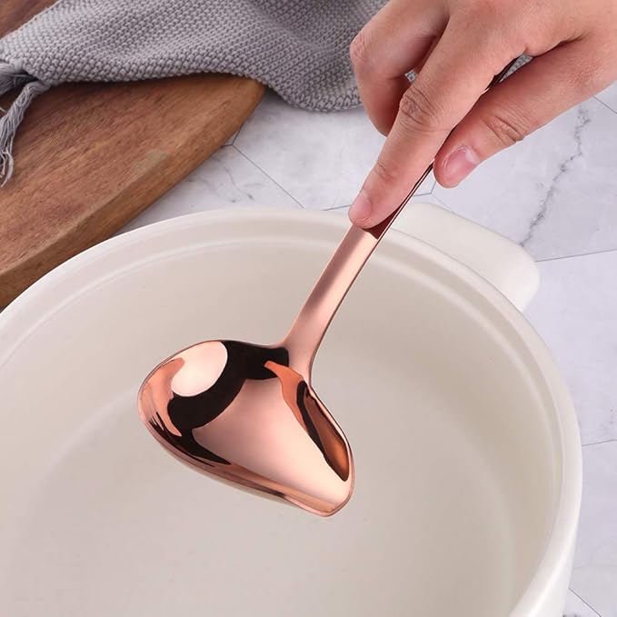 Sauce Ladle, BYEGOU Drizzle Spoon with Spout Gravy Soup Ladle, Stainless Steel Kitchen Utensil, Mirror Polish & Dishwasher Safe, 8.67 Inch, Rose Gold