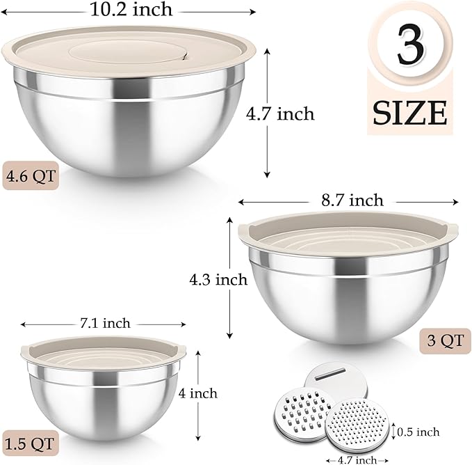 TeamFar Mixing Bowls, Stainless Steel Nesting Salad Bowls with Lids Set of 3 & 3 Grater Attachments, For Mixing/Serving/Storing, Non-toxic & Long-lasting, Size 4.6/3 / 1.5 QT, Khaki