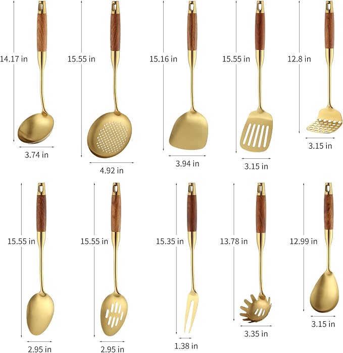 Stainless Steel Kitchen Utensils Set with Wood Handle 18/10 Metal Cooking Utensils Set, 10 Piece - Spatula, Spoon, Ladle, Skimmer, Slotted Turners, Pasta,Turner, Ladl, Fork