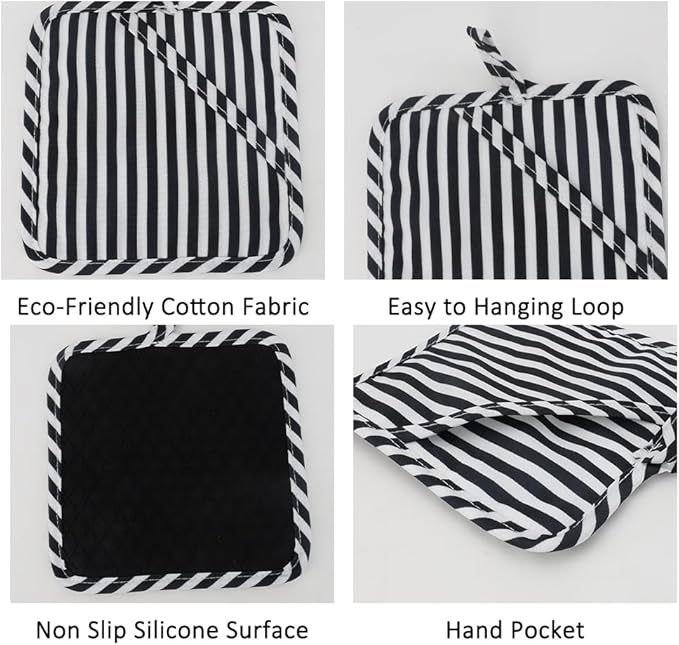 Pot Holders for Kitchen 2 Pack Heat Resistant Hot Pads for Kitchen Counter Decor, Silicone Non-Slip Hot Pads with Soft Cotton Lining Pot Holder Trivets for Kitchens Oven Cooking Baking Pans, Black