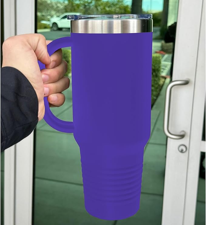 LaserGram 40oz Vacuum Insulated Travel Mug with Handle, Tiki Statue, Personalized Engraving Included (Dark Purple)