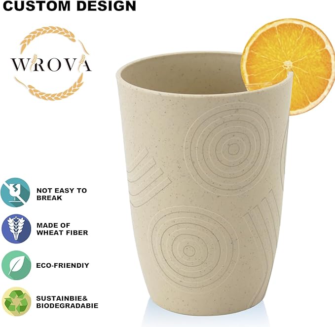 Wrova Wheat Straw Water Cups 16oz with Etched Pattern - Alternative Plastic Drinking Glasses Set of 6 - Unbreakable Tumbler Cups for Kids - Beige