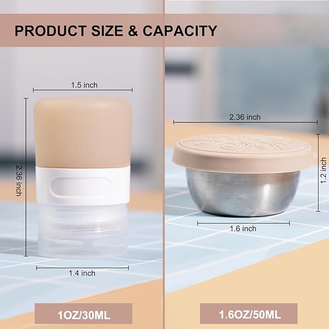 8-Pack Salad Dressing Container To Go, 1-oz Silicone Small Condiment Squeeze Bottles and 1.6 oz Stainless Steel Sauce Containers Cups, Leakproof Condiment Containers with Lids for Lunch Box
