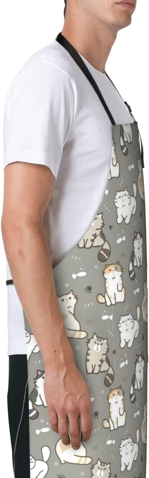 Cute Cat Apron Adjustable with 2 Pockets Cooking Kitchen Aprons for Men Women Outdoors Baking Chef Apron