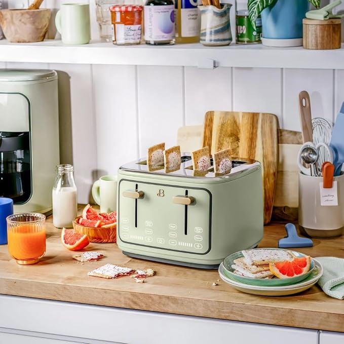 Beautiful 4-Slice Toaster by Drew Barrymore – Touch Display, Extra-Wide Slots, Bagel & Frozen Functions, Stainless Steel (Sage Green)