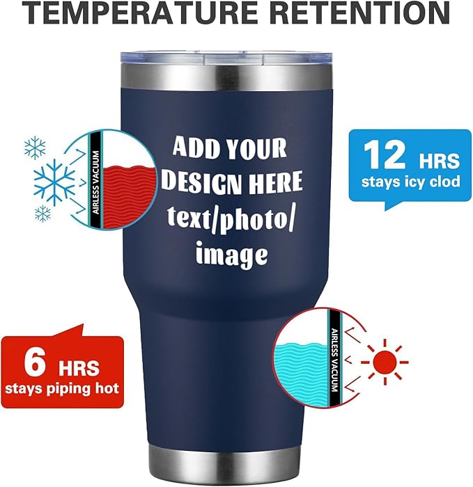 MEWAY Personalized Custom 30oz Stainless Steel Tumbler with Lid, Insulated Double Wall Vacuum Travel Coffee Tumbler Gifts with Text Photo Logo (Navy, 1pack)