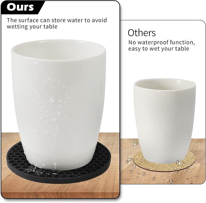 Coasters Set of 6 with Holder,Coasters for Drinks,Coffee Table Decor Coaster,Suitable for Kinds Cups,Anti-Slip,Non-Stick,Silicone Cup Coaster and Living Room Decor (6 Pcs, Black)