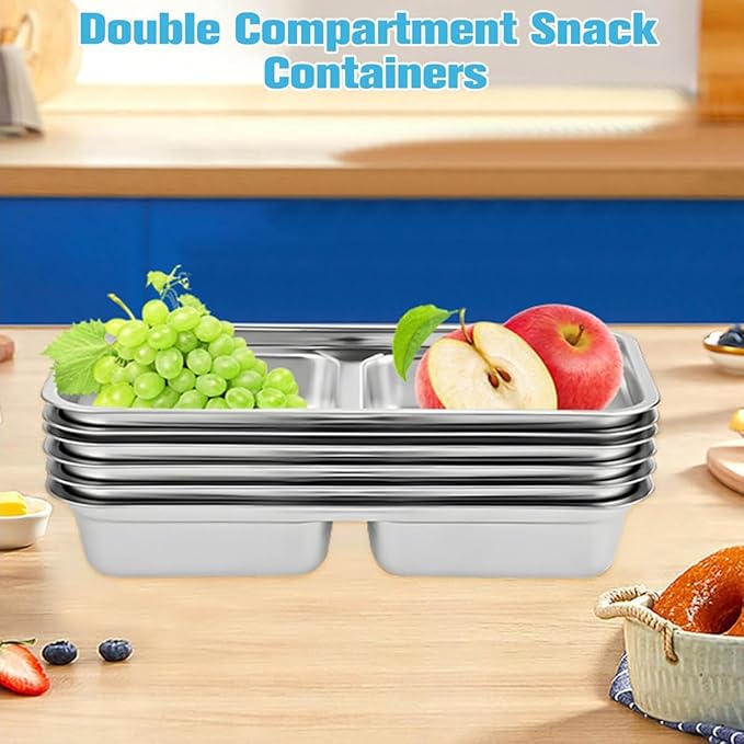 2Pcs Snack Pack Containers with Lids, Total 4 Compartment Snack Containers, Reusable Snack Containers for Adults, Stainless Steel Containers for Nuts, Fruits